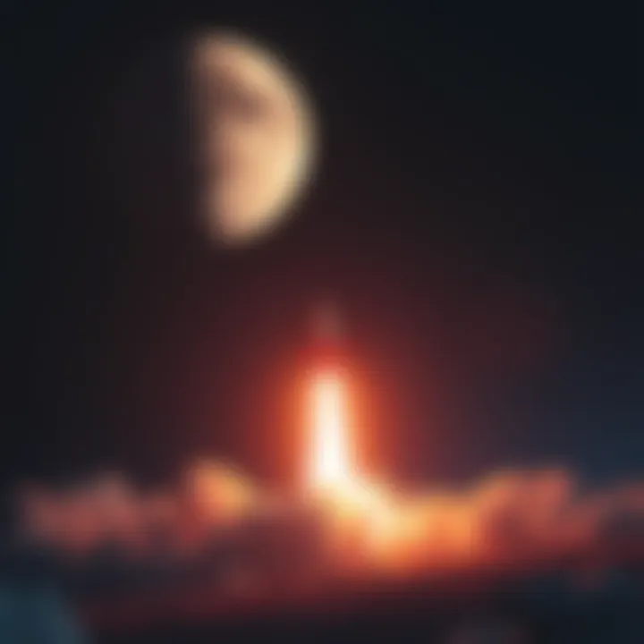 Rocket launching towards Moon or Mars A rocket taking off with a bright flame, heading towards the Moon and Mars in the night sky