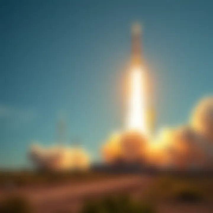 Rocket Launch into Space A powerful rocket blasts off from a launch pad, leaving a trail of smoke and fire behind as it ascends into the sky.