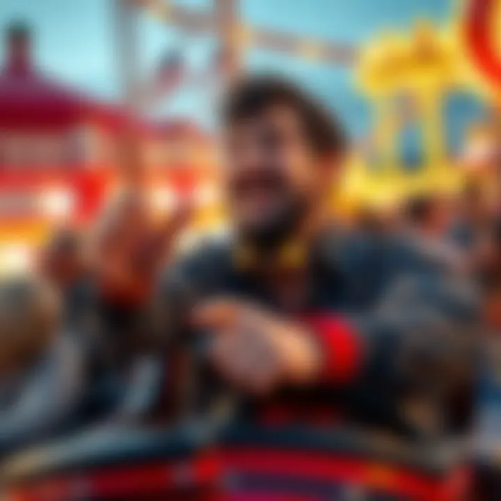 Roller Coaster Guy with a big smile, encouraging people and spreading positivity at an amusement park.