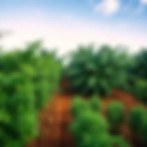 A row of healthy rubber trees in a plantation with clear skies above.
