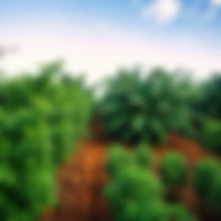 A row of healthy rubber trees in a plantation with clear skies above.
