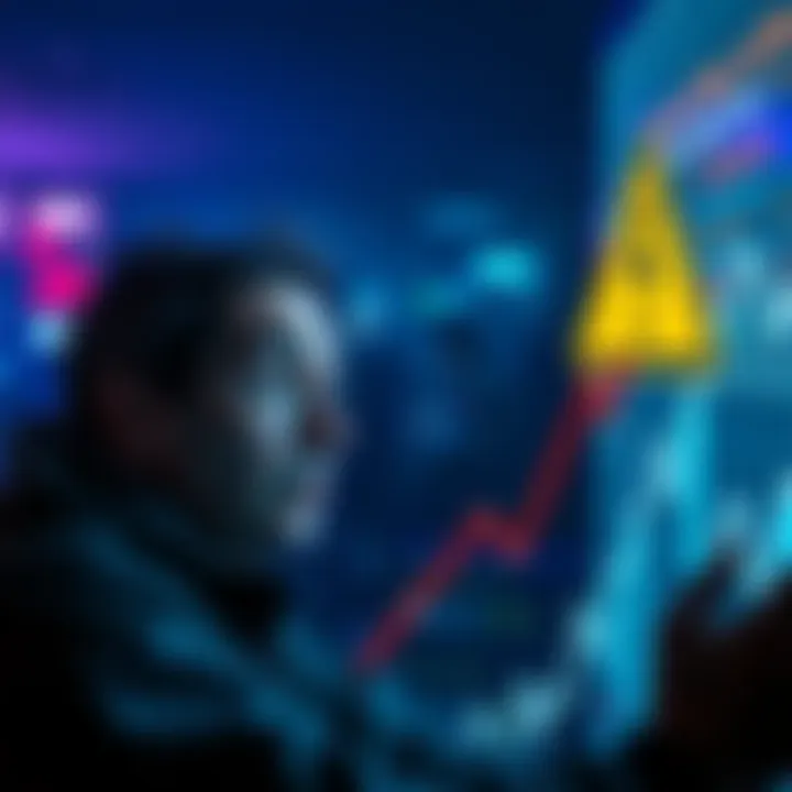 A graphic showing a person looking worried while watching graphs drop, with a warning symbol nearby, representing financial loss from scams.