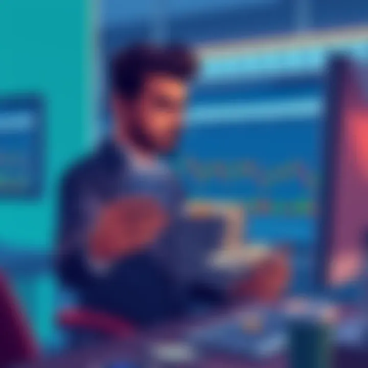 A person counting stacks of cash while looking at a computer screen displaying cryptocurrency charts, symbolizing rugpull schemes