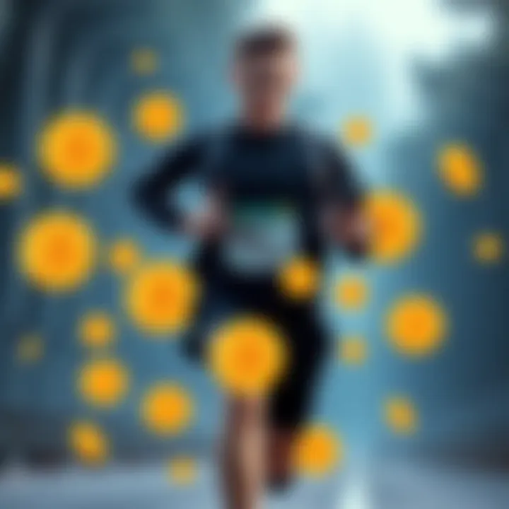 A runner with a smartphone tracking mileage and elevation, surrounded by Bitcoin symbols, representing the app concept.