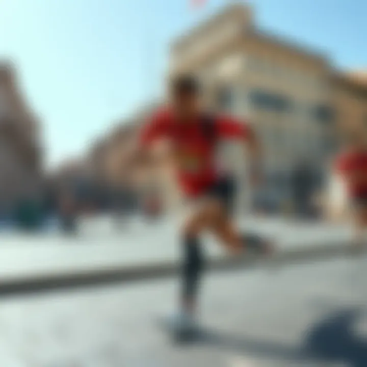 Runner Preparing for Rome Marathon A runner stretching in front of historical buildings in Rome, getting ready for the marathon.