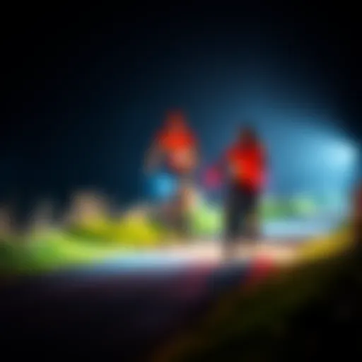 A runner and cyclist equipped with reflective clothing and lights, navigating a low-light trail safely.