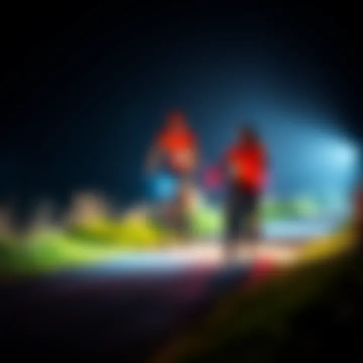 A runner and cyclist equipped with reflective clothing and lights, navigating a low-light trail safely.