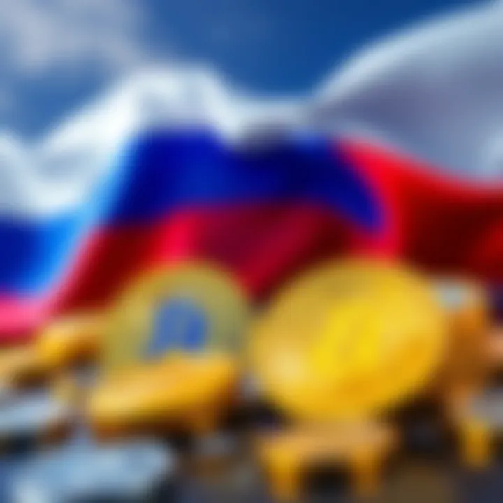 Illustration of cryptocurrency coins with Russian flag and international trade symbols