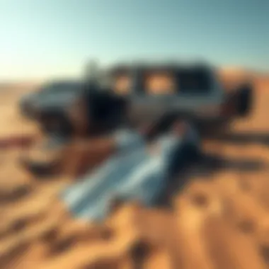 Two bodies of a Russian couple lying in the UAE desert near their abandoned vehicle, surrounded by sand dunes.