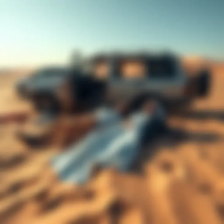 Two bodies of a Russian couple lying in the UAE desert near their abandoned vehicle, surrounded by sand dunes.