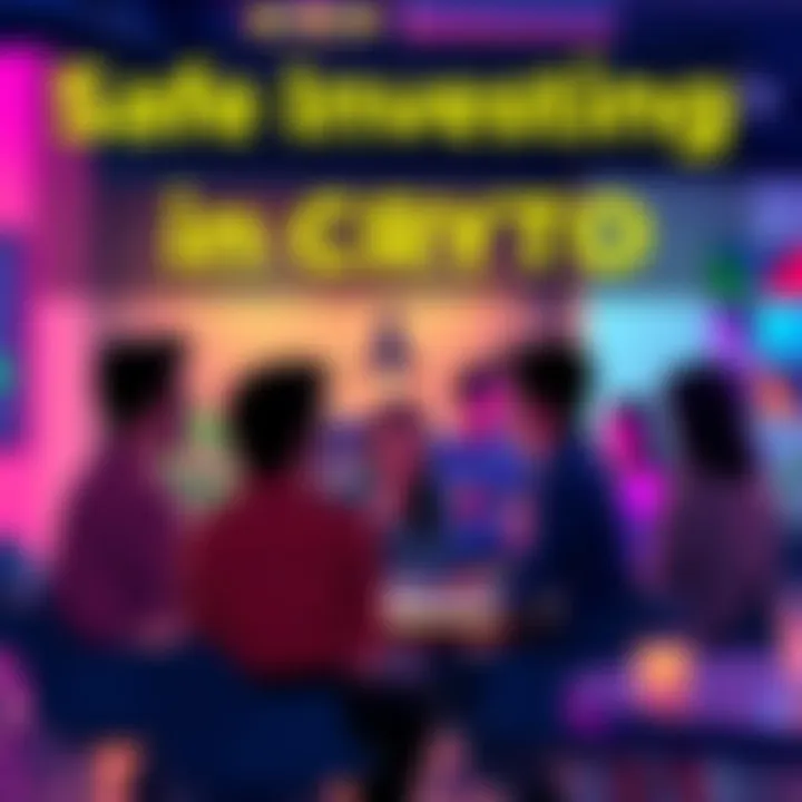 A group of people discussing safety tips for cryptocurrency investment in a lively setting