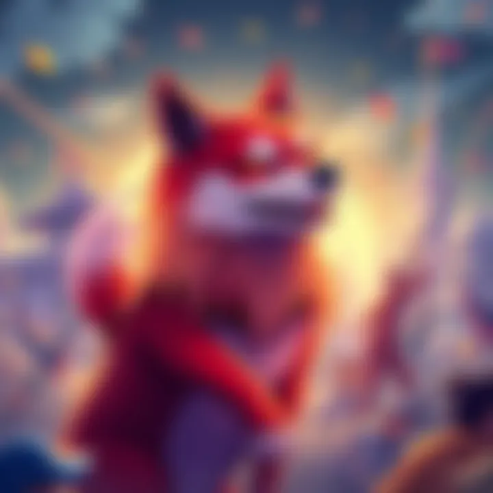 Saiko Inu Memecoin Growth A vibrant illustration of the Saiko Inu memecoin symbolizing explosive growth with a supportive community in the background, representing financial freedom.
