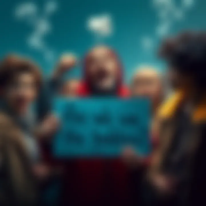 A group of people expressing frustration and confusion while discussing their roles in conflicts, with one person holding a sign that says, 'Are we the baddies?'