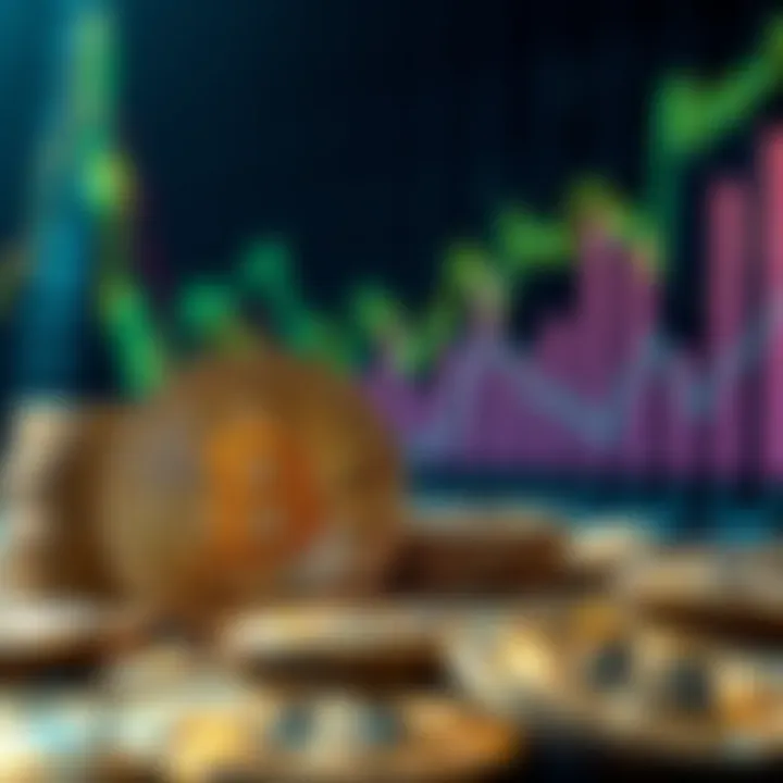 A close-up of shiny Bitcoin coins with upward trending market graphs in the background, symbolizing rising prices and investment decisions.