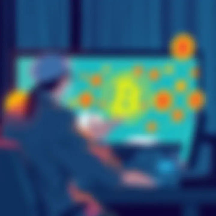 A digital illustration of Satoshi Nakamoto sharing ideas about Bitcoin testnet on a computer screen, showcasing the development of cryptocurrency