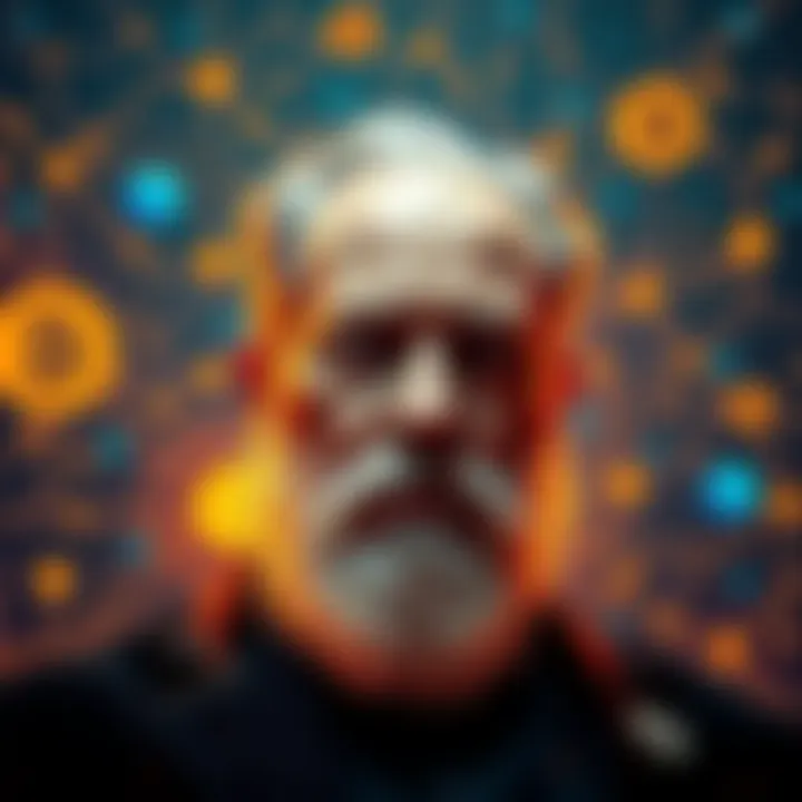 A digital representation of Satoshi Nakamoto, symbolizing cryptocurrency ideas, with abstract graphics of blockchain technology in the background.