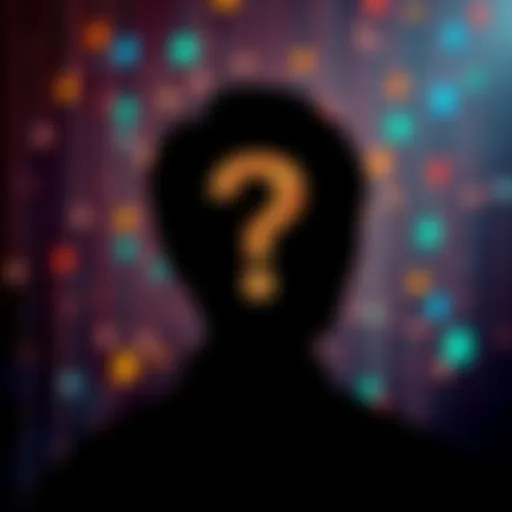 A silhouette of a person with a question mark over their head, symbolizing the mystery of Satoshi Nakamoto, set against a backdrop of digital currency symbols.