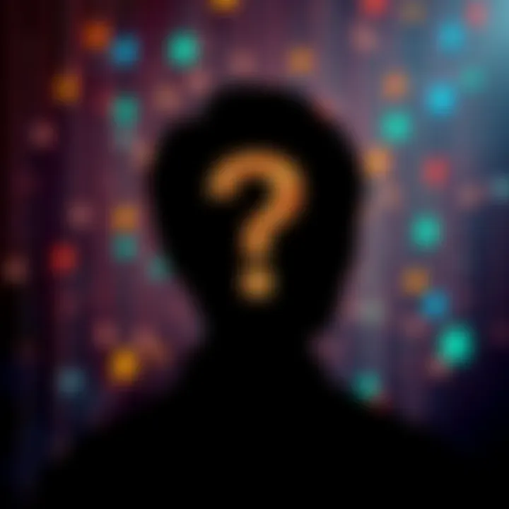 A silhouette of a person with a question mark over their head, symbolizing the mystery of Satoshi Nakamoto, set against a backdrop of digital currency symbols.