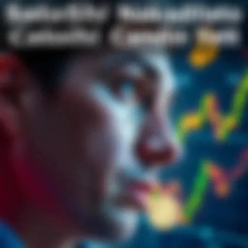 Close-up of a person contemplating the identity of Satoshi Nakamoto, surrounded by cryptocurrency symbols and charts