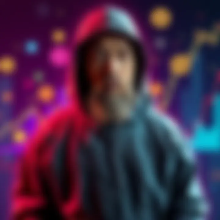 An artistic representation of Satoshi Nakamoto, representing a figure in a hoodie surrounded by digital currency symbols and charts showing Bitcoin's ups and downs, contemplating the future of cryptoc...