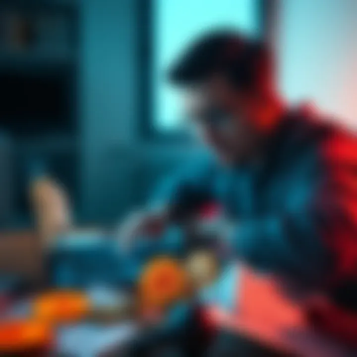 A person looking frustrated while trying to find wallet keys among scattered papers and a laptop with Bitcoin symbols