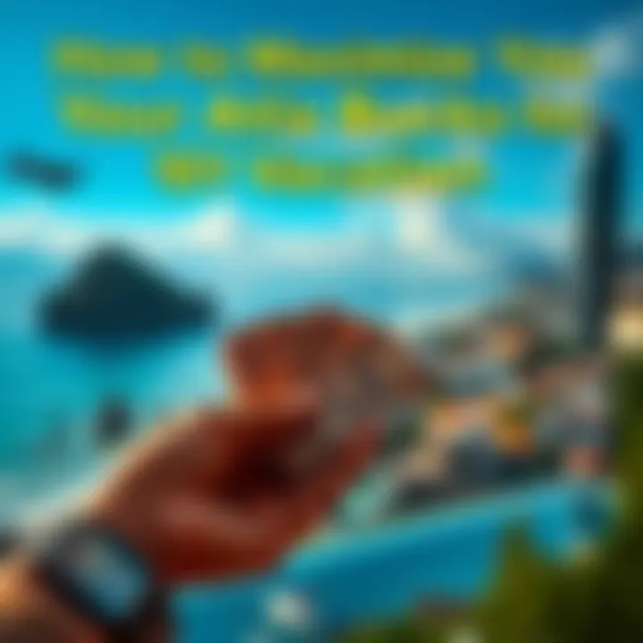 A person counting Atlas bucks with a vacation destination in the background