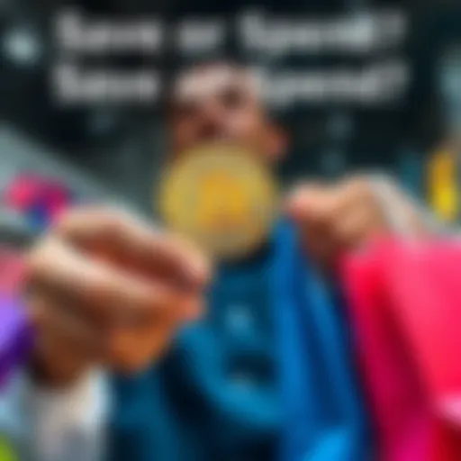 A person holding a stack of AB coins in one hand and shopping bags in the other, looking thoughtful about their choices.