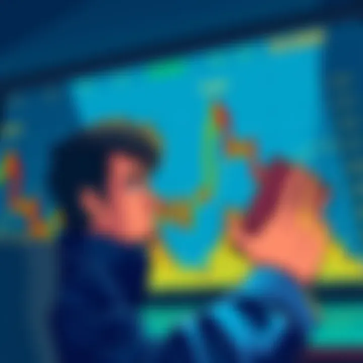 An illustration showing a stock chart declining, with a worried investor looking at the screen, symbolizing concern over Saylor's decision without Bitcoin profits.