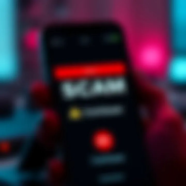 A phone with a scary alert message about scam calls pretending to be Coinbase support, showing a warning