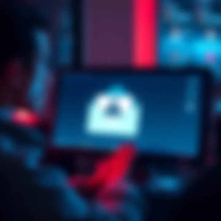 A person looking at a suspicious email on a computer screen, with a warning symbol visible