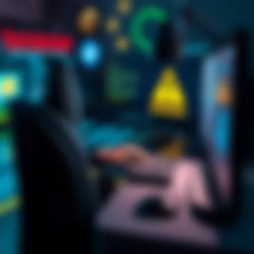 A person sitting at a computer, typing a message that appears suspicious, with visuals of crypto coins and a warning symbol in the background.
