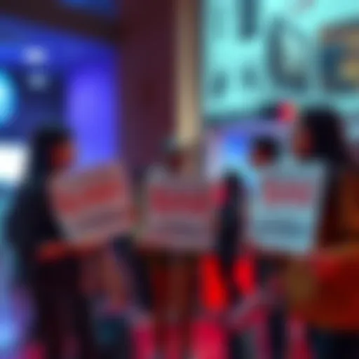 A group of people discussing the impact of scams with signs advocating for a ban on scammers.