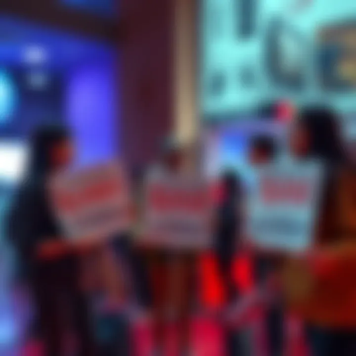 Scammers and Society A group of people discussing the impact of scams with signs advocating for a ban on scammers.
