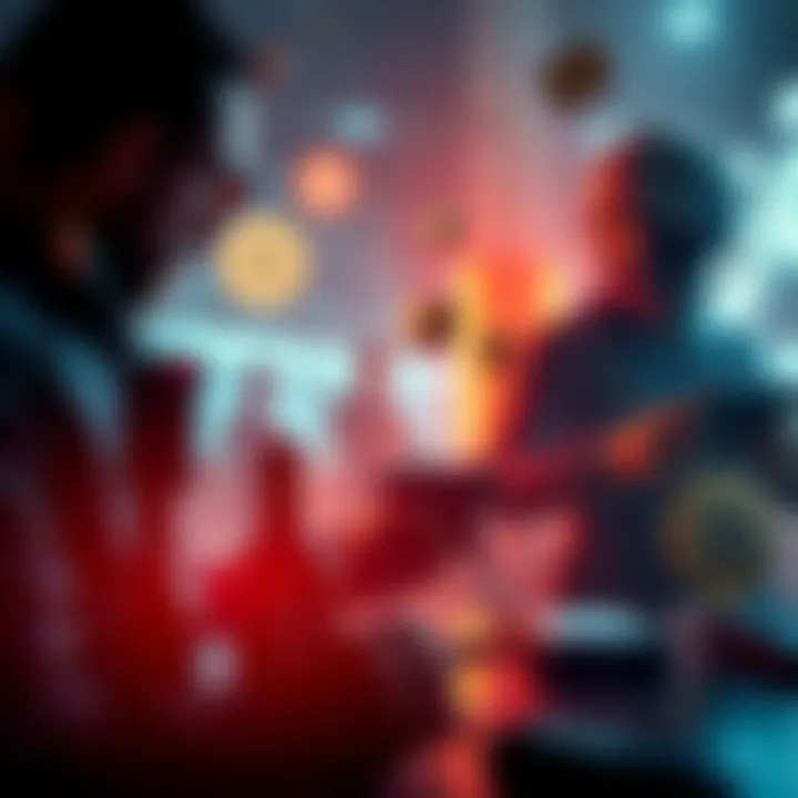 A dramatic scene depicting characters involved in a heist, surrounded by digital currency symbols and tech devices, representing cryptocurrency misconceptions in the show 'Steal'.