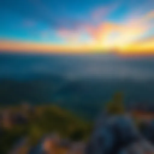 A breathtaking view of valleys and hills from a mountain top during sunset
