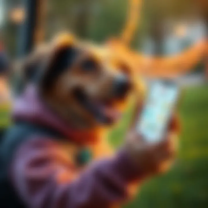 A happy dog owner earning rewards while cleaning up after their dog using the ScoopUp app on a smartphone, featuring playful graphics on the screen.