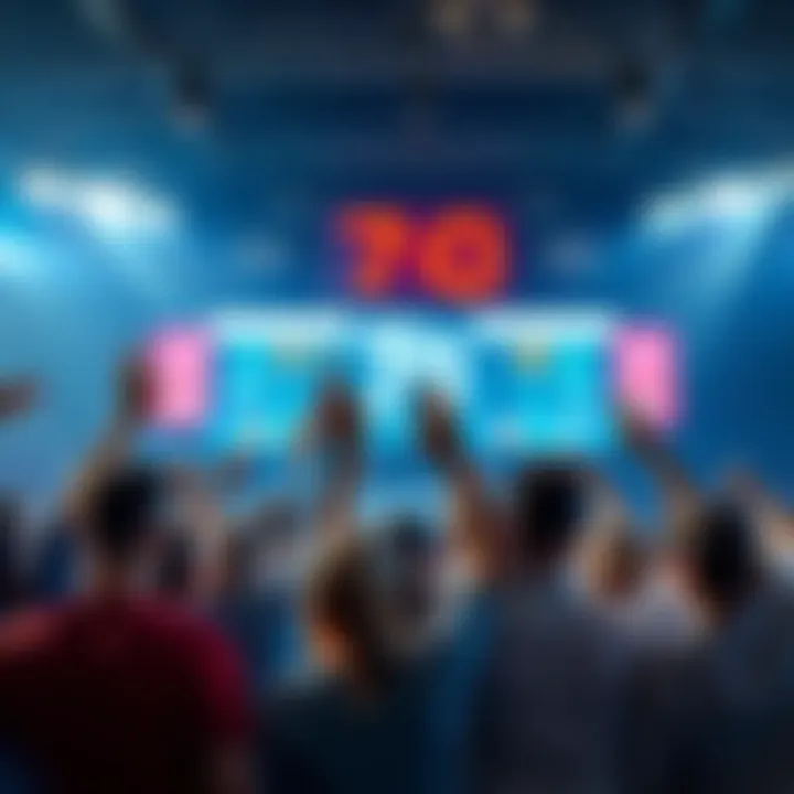 A group of excited people celebrating a sports event with scores of 70 and 80 displayed on a scoreboard.