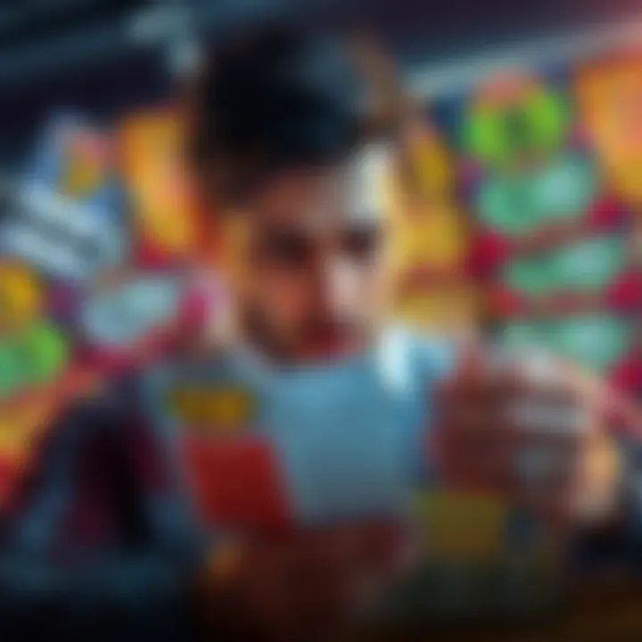 A person scratching a lottery ticket with a focused expression, surrounded by other scratch cards and a notepad with tips written down.