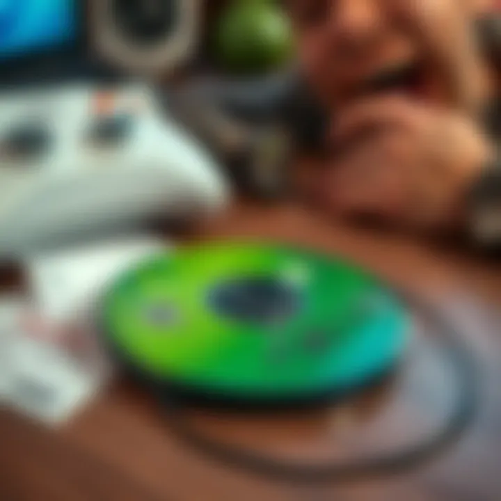 A scratched Xbox 360 game disc lying on a table next to a GameStop receipt and a frustrated gamer.