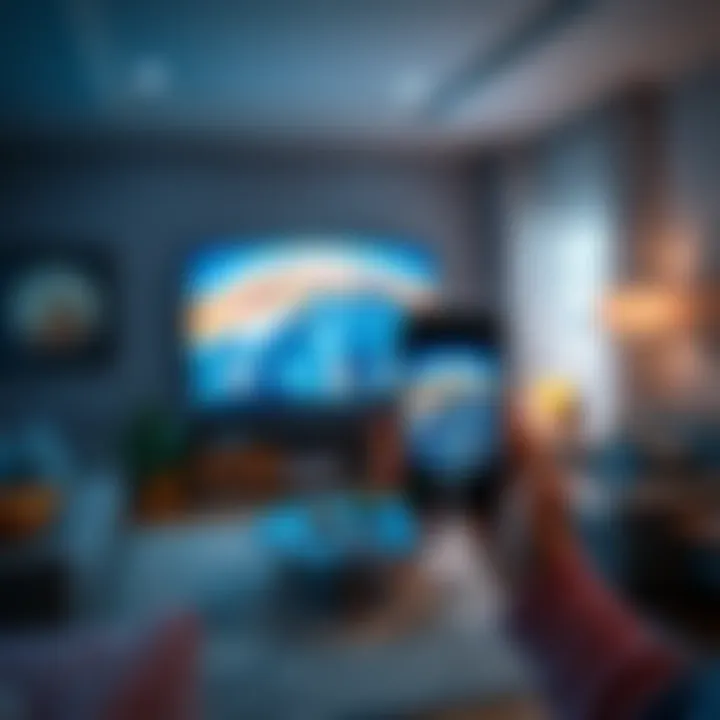 A person using an iPhone to mirror the Atlas Earth app on an Apple TV screen in a cozy living room setting