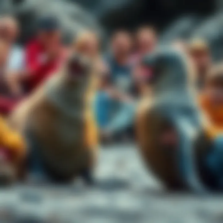 Two seals playfully interacting, appearing to tell a knock knock joke to an entertained audience.