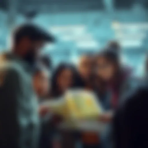 A group of diverse people looking at a map and discussing while searching for missing individuals, showing urgency and teamwork.