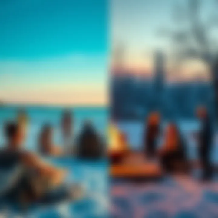 People enjoying summer and winter activities A split scene showing people in summer enjoying the beach and winter cozying up by a fire