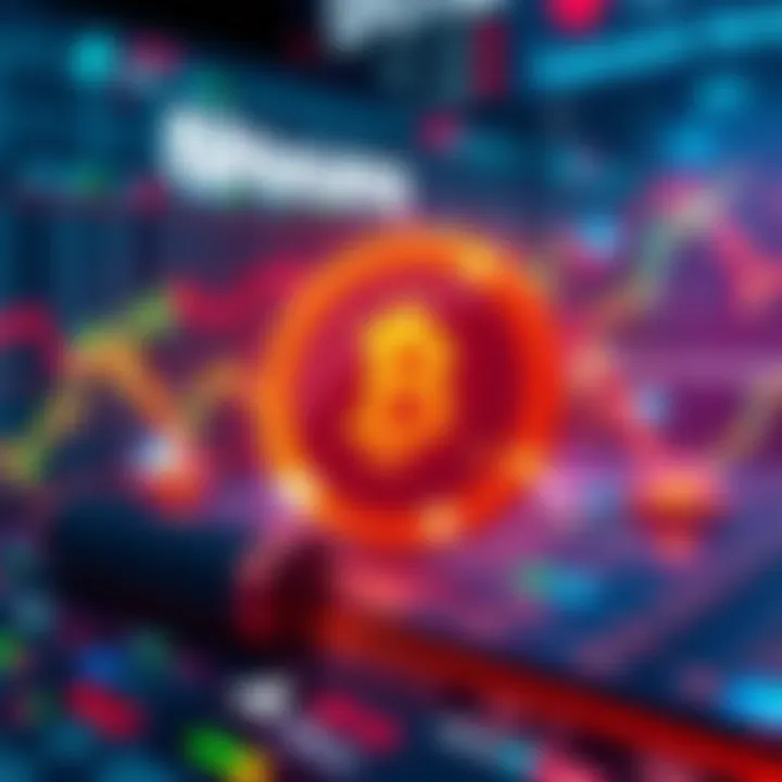 A digital representation of tokenized stocks and securities being traded on a blockchain platform, showcasing modern finance technology, with traditional stock icons in the background.