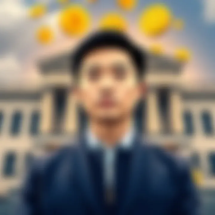 Justin Sun stands in front of a legal building, with cryptocurrency symbols in the background, symbolizing the S.E.C.'s settlement