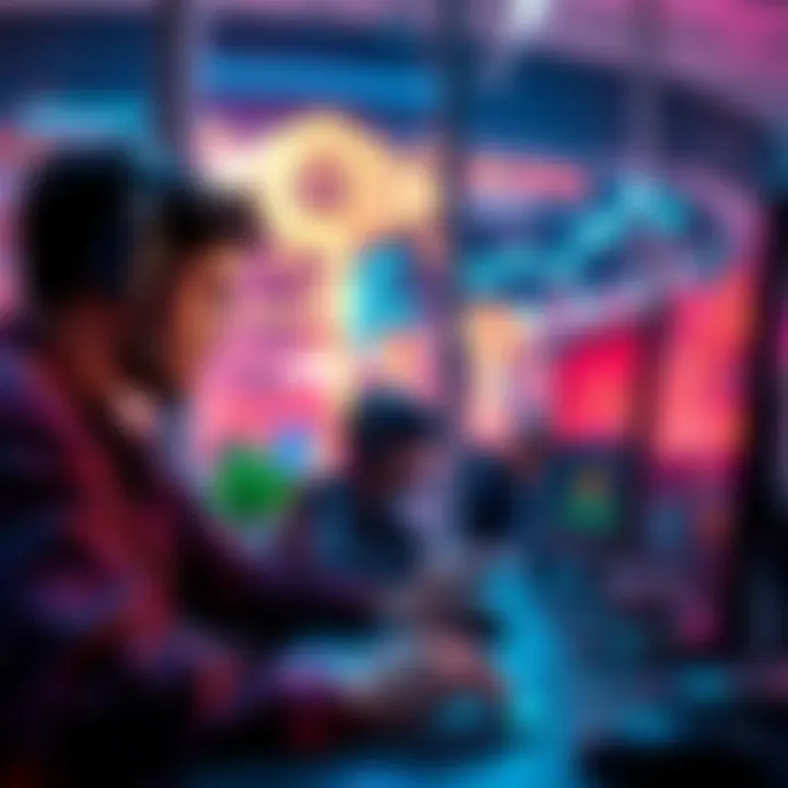 Secure AI Development in DeFi A team of developers working on a computer, creating blockchain solutions for decentralized finance, with graphics representing AI and security measures.