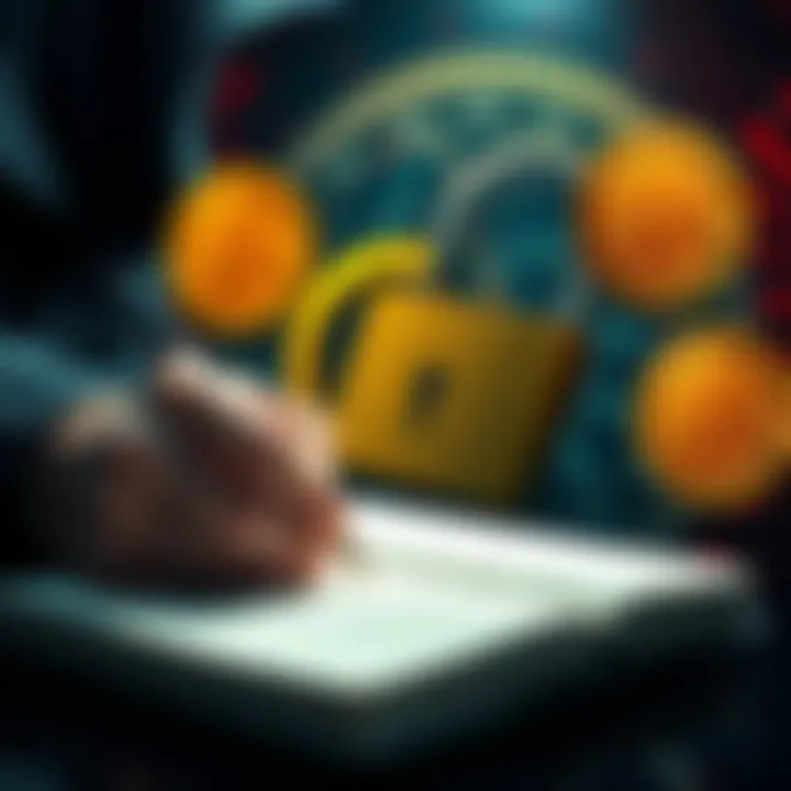 A person writing down a private key and seed phrase in a notebook, surrounded by a lock and Bitcoin symbols.