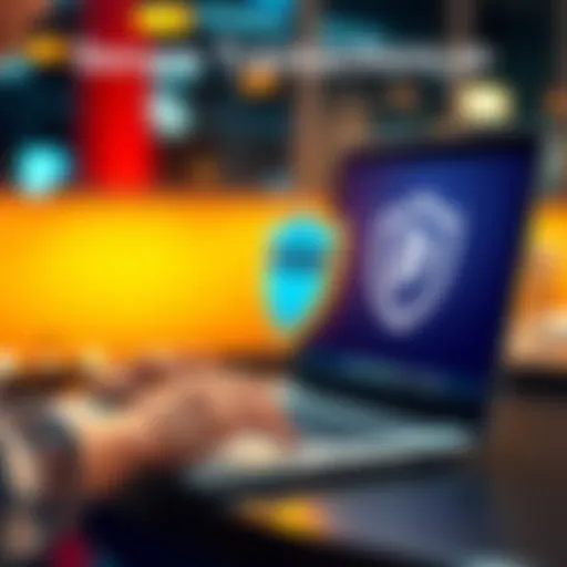 A person using a laptop with a shield icon, symbolizing privacy and security in online transactions with PegasusSwap.