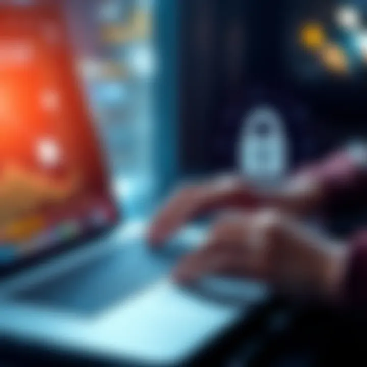 Secure Passphrase Concept A person typing a secure passphrase on a laptop, highlighted with a lock symbol, symbolizing security and safety in digital transactions.