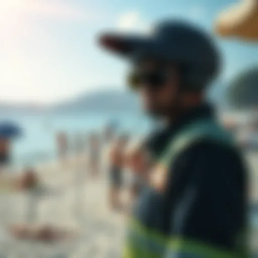 A security guard monitoring a beach area during a sunny day, with people enjoying sunbathing and swimming in the background.